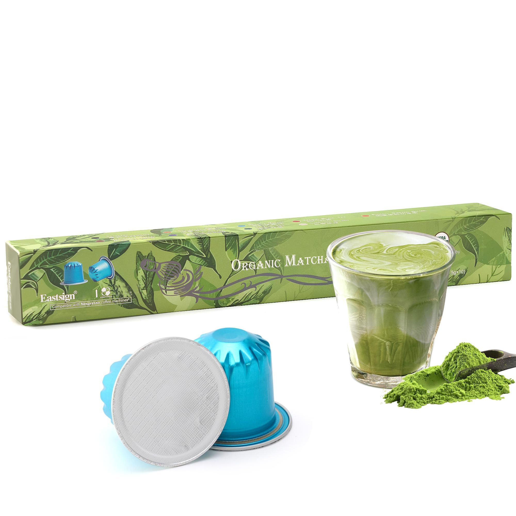 Eastsign Matcha Pod USDA Organic, Nespresso Original Matcha Pod,Compatible Nespresso Tea Pods,Recyclable Aluminium Capsules,10 Count (Pack of 1)