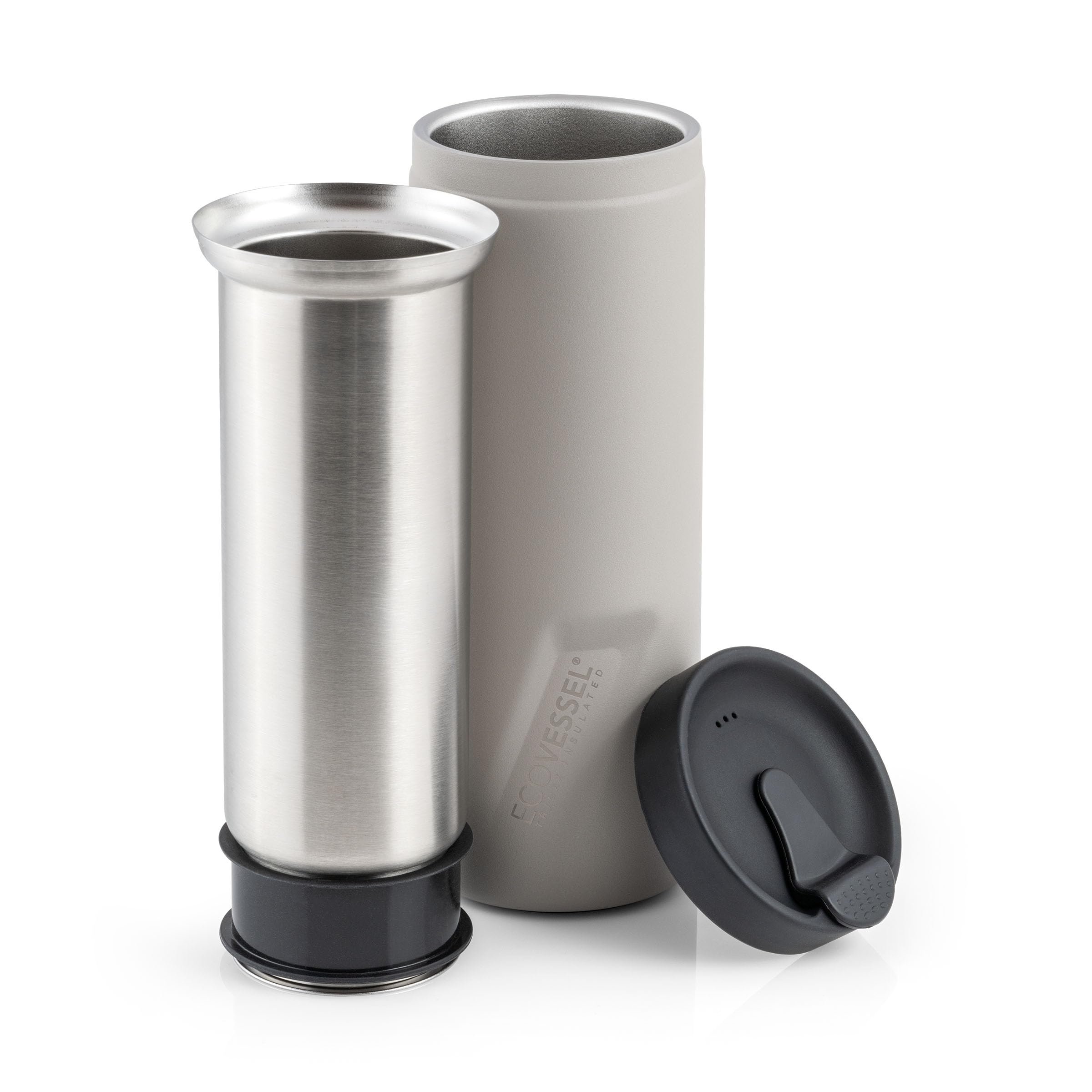 EcoVessel Travel French Press, Portable Coffee Maker, Stainless Steel Insulated Coffee Press, Reusable Single Serve Bottle for On-The-Go Use, 14oz (Stone)