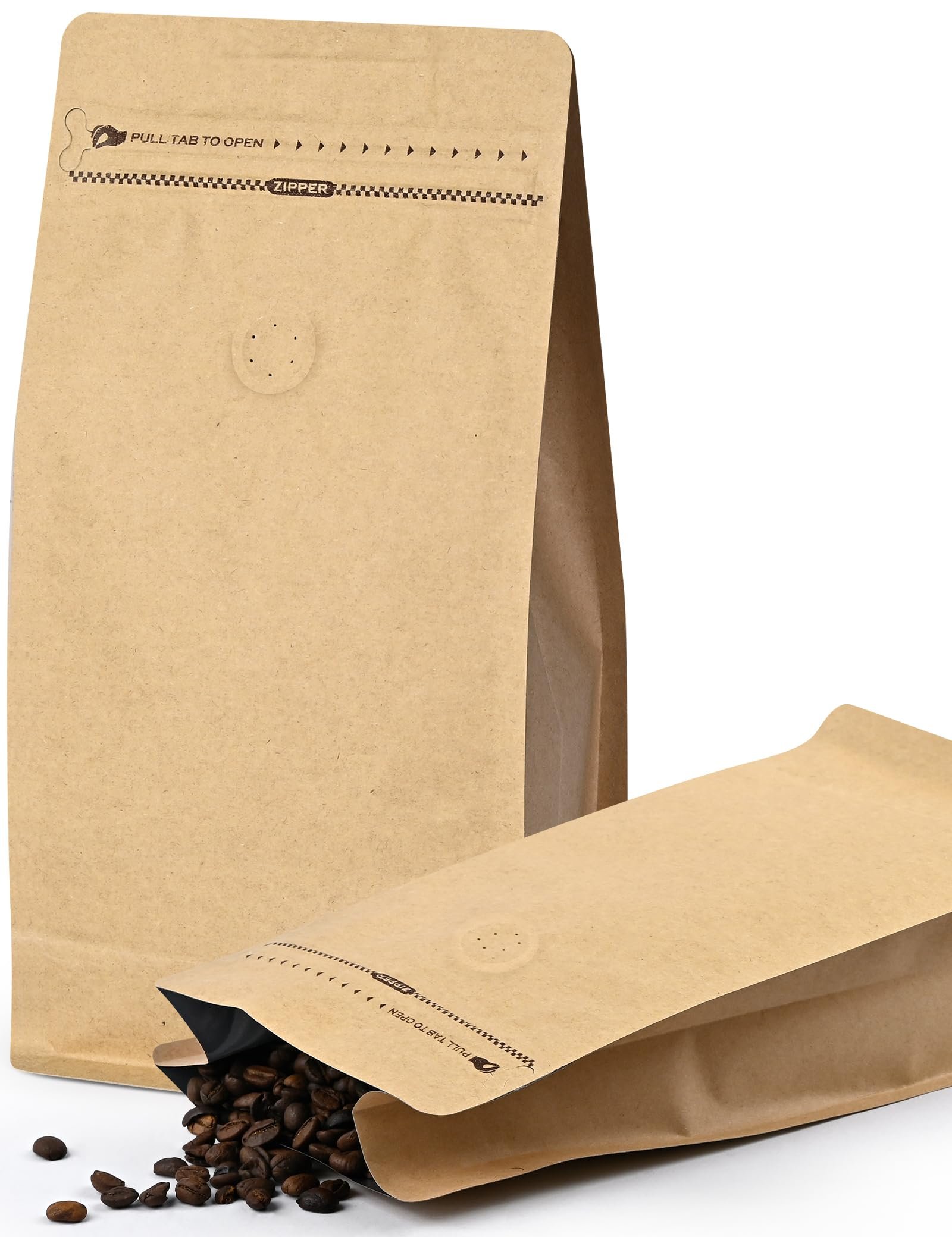 FireKylin 50 PCS Coffee Bags with Valve, (16 oz, 1 lb) Paper Stand Up Pouches, Resealable Vented Food Storage Bags Side Zipper (Kraft)