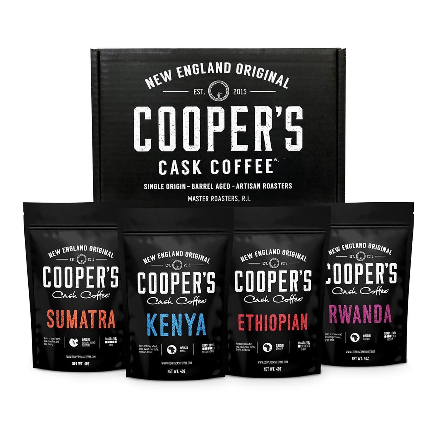 Gourmet Coffee Sampler Gift Box Set, Roasted Coffee Beans, Sumatra Dark, Kenya AA Medium-Dark, Rwanda Medium, Natural Ethiopian Light, Whole Bean, 4 Bags, 16 oz Total