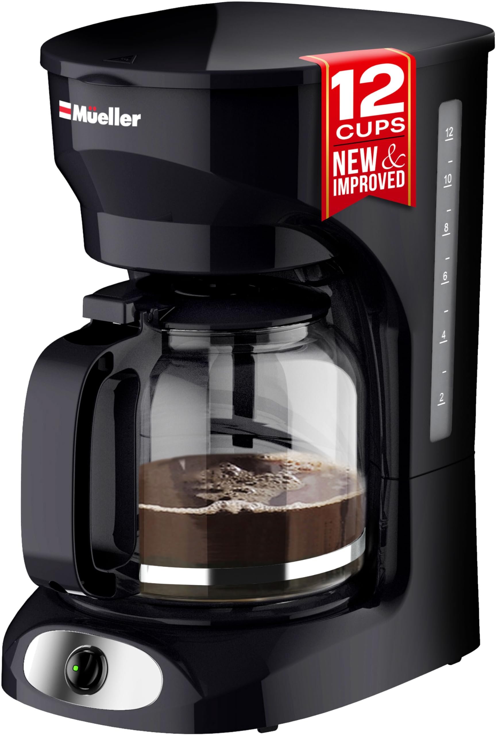 Mueller 12-Cup Drip Coffee Maker - Borosilicate Carafe, Auto-Off, Reusable Filter, Anti-Drip, Keep-Warm Function, Clear Water Level Window Coffee Machine, Kitchen Essentials & Accessories